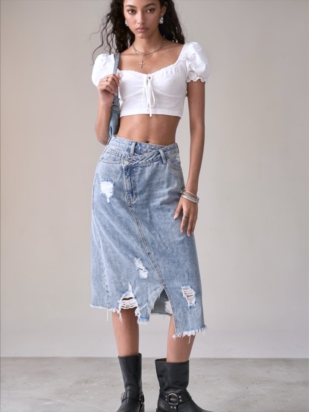 Distressed Light Blue Denim Midi Skirt